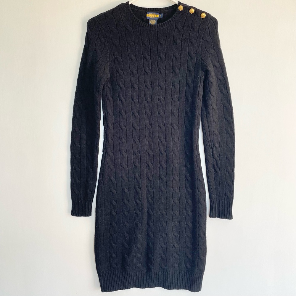 Ralph Lauren Rugby Vintage Black Sweater Dress Wool Cashmere Cable Knit S